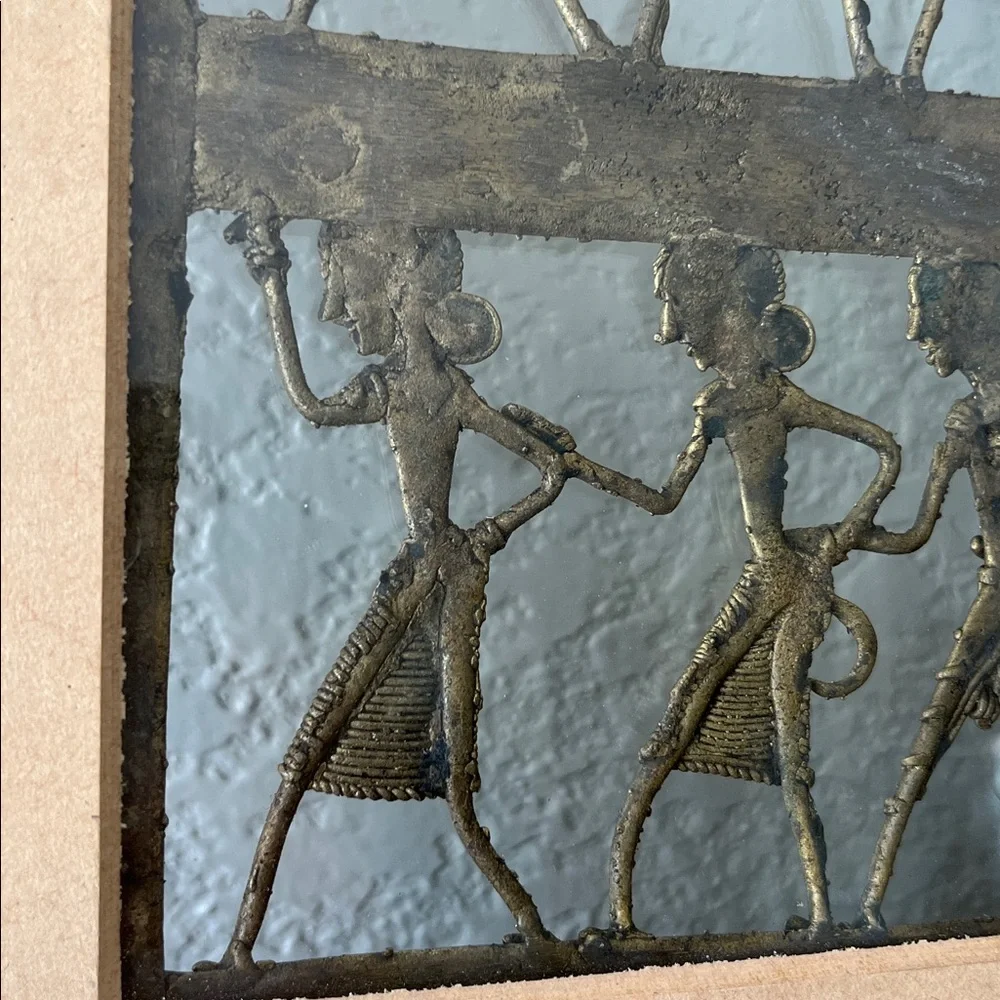 Vintage Dhokra Brass Tribal Wall Art Framed Indian Folk Dancing Figures 13”